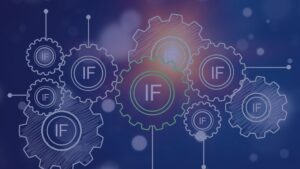 Graphic of interconnected cogs / gears labeled IF representing automated invoice finance workflows.