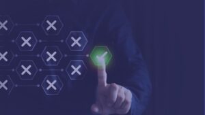 A finger selecting a single green checkmark out of multiple grey 'X' marks.