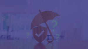 Wooden umbrella cutout over a wooden shield with a tick, surrounded by lime green question marks.