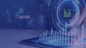 Digital financial dashboard showing an investment graph, pound signs and a circular growth graphic.
